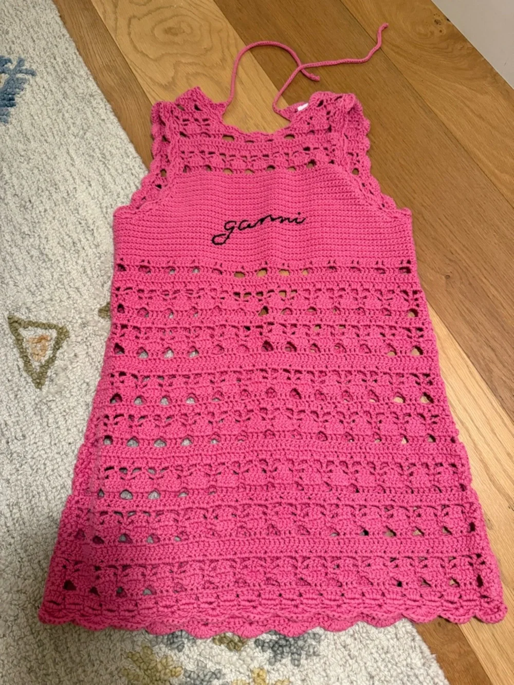 Ganni Bright Pink Crochet Halter Dress - Picture 1 of 5